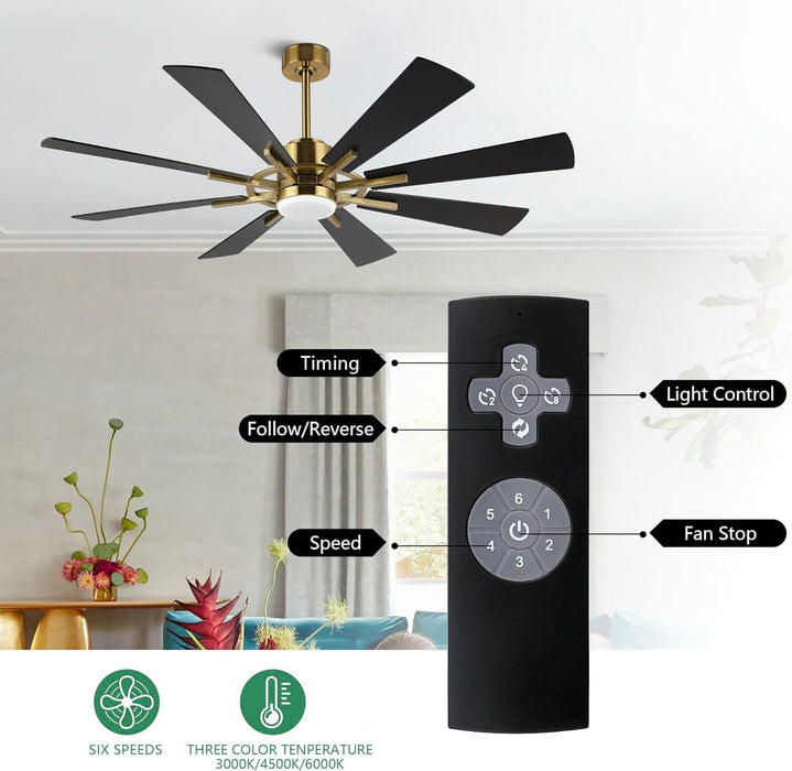 60 in. Gold and Black Ceiling Fan with Lights and Remote, Wood Reversible DC Ceiling Fan, Indoor Modern Ceiling Fan for Kitchen Bedroom Living Room -3-ErisView