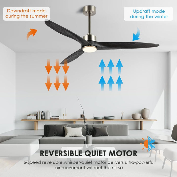 60 in. Gray Ceiling Fans without Lights, Wood Reversible Quiet Ceiling Fans NO Light with Remote, Brushed Nickel Ceiling Fan-10-ErisView