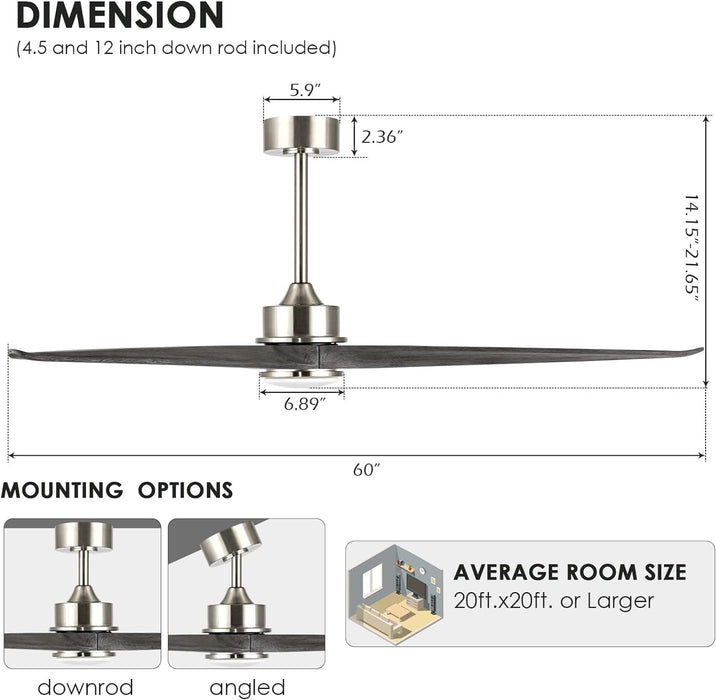 60 in. Gray Ceiling Fans without Lights, Wood Reversible Quiet Ceiling Fans NO Light with Remote, Brushed Nickel Ceiling Fan-11-ErisView