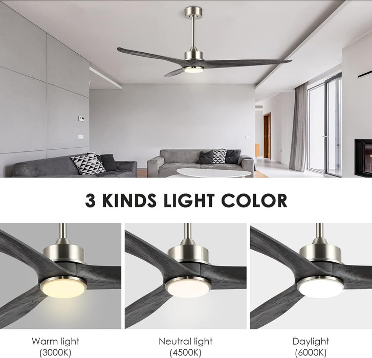60 in. Gray Ceiling Fans without Lights, Wood Reversible Quiet Ceiling Fans NO Light with Remote, Brushed Nickel Ceiling Fan-12-ErisView