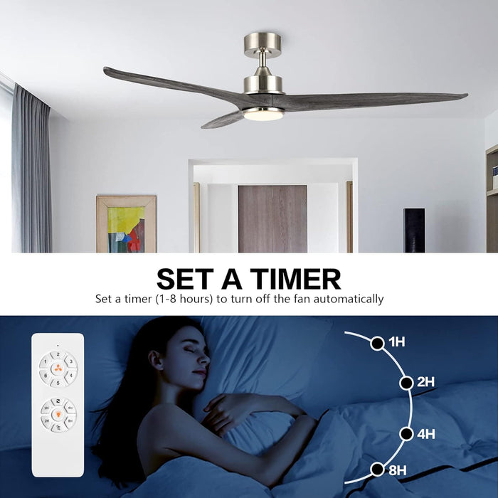 60 in. Gray Ceiling Fans without Lights, Wood Reversible Quiet Ceiling Fans NO Light with Remote, Brushed Nickel Ceiling Fan-14-ErisView