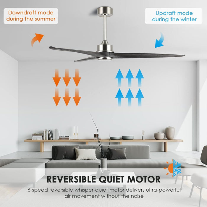 60 in. Gray Ceiling Fans without Lights, Wood Reversible Quiet Ceiling Fans NO Light with Remote, Brushed Nickel Ceiling Fan-3-ErisView