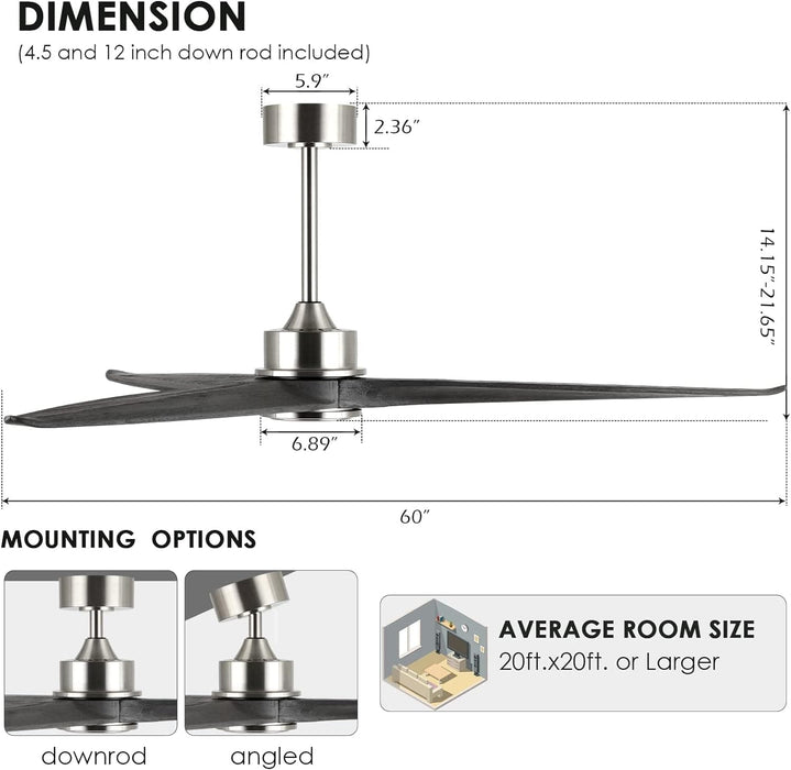 60 in. Gray Ceiling Fans without Lights, Wood Reversible Quiet Ceiling Fans NO Light with Remote, Brushed Nickel Ceiling Fan-4-ErisView