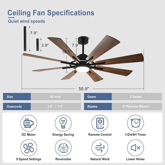 60 in. Grey Large Farmhouse Ceiling Fan with Remote and APP Control, Outdoor Reversible DC Ceiling Fan for Indoor Outdoor Use-20-ErisView