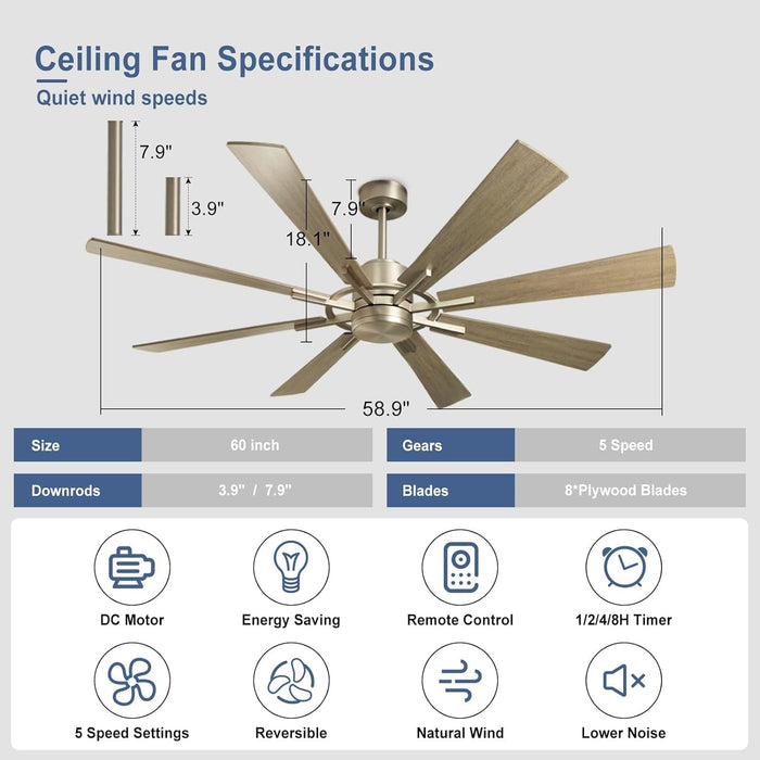 60 in. Grey Large Farmhouse Ceiling Fan with Remote and APP Control, Outdoor Reversible DC Ceiling Fan for Indoor Outdoor Use-64-ErisView