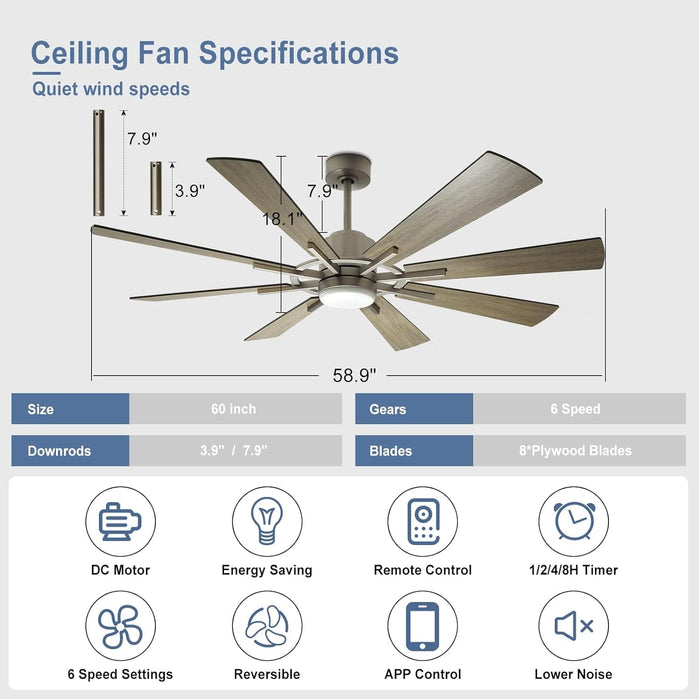 60 in. Grey Large Farmhouse Ceiling Fan with Remote and APP Control, Outdoor Reversible DC Ceiling Fan for Indoor Outdoor Use-6-ErisView