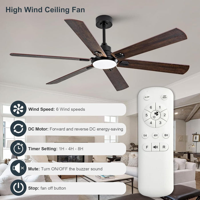 60 in. Indoor Outdoor Ceiling Fan with Light and Remote, Black Modern Ceiling Fan for Bedroom Living Room, Reversible Quiet Ceiling Fans-3-ErisView