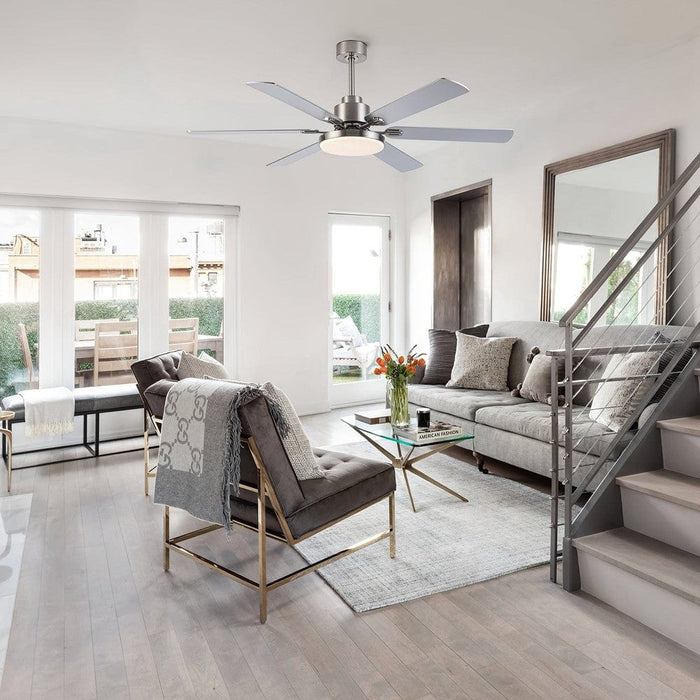 60 in. Large 6-Blade Modern Downrod Mount Ceiling Fan for Living Room Bedroom, Reversible Sliver Ceiling Fan with Light and Remote Control-ErisView