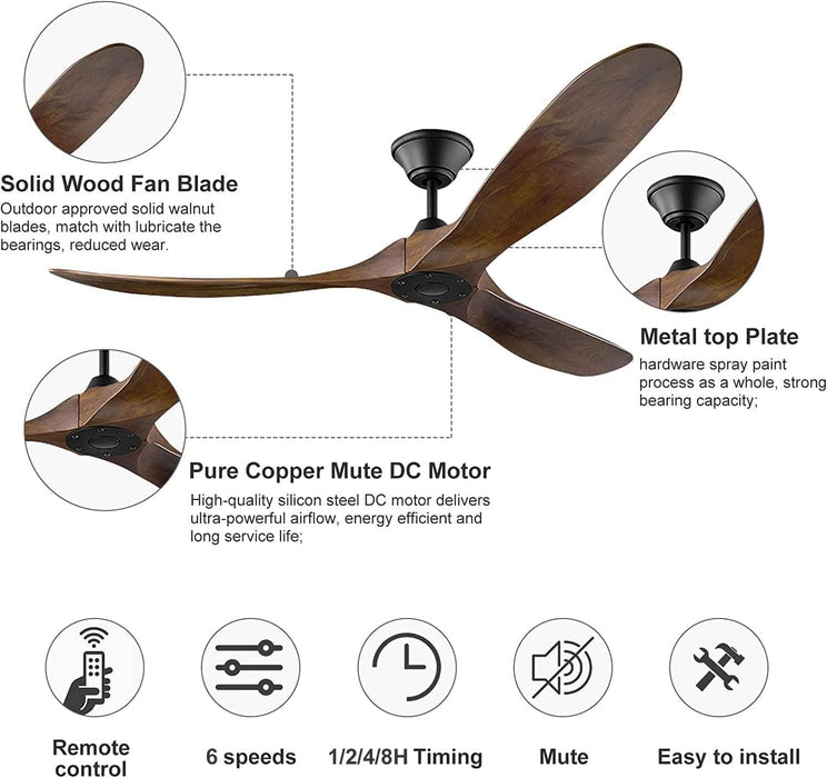 60 in. Large Ceiling Fans without Lights, 3 Blade Propeller Ceiling Fan NO Light, Wood Ceiling Fan with Remote, Modern Farmhouse Ceiling Fan-5-ErisView