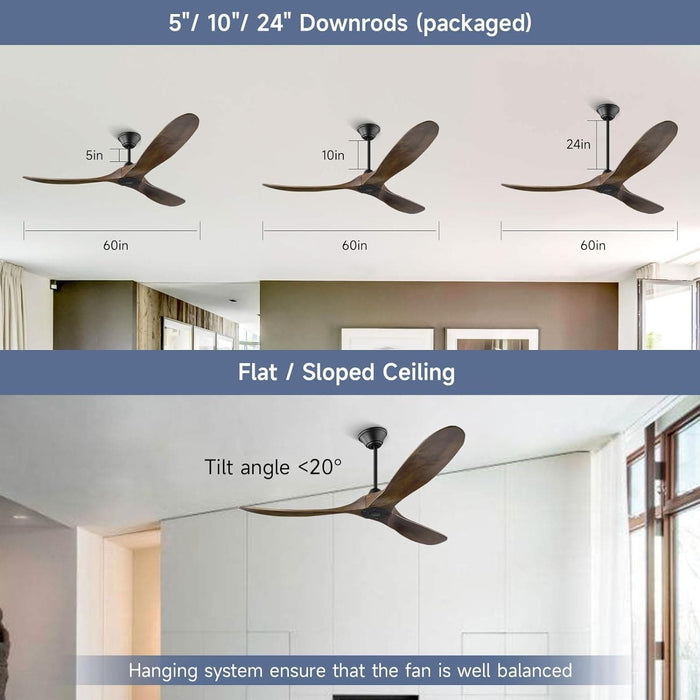 60 in. Large Ceiling Fans without Lights, 3 Blade Propeller Ceiling Fan NO Light, Wood Ceiling Fan with Remote, Modern Farmhouse Ceiling Fan-6-ErisView