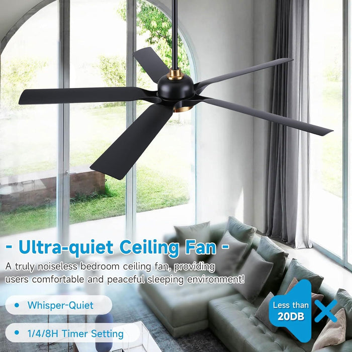 60 in. Matte Black and Gold Outdoor Ceiling Fan, Modern Ceiling Fan with Light and Remote Control, Reversible Dimmable Large Ceiling Fan for Porch Patio-3-ErisView