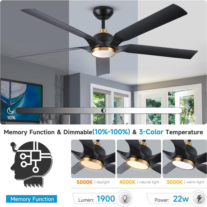 60 in. Matte Black and Gold Outdoor Ceiling Fan, Modern Ceiling Fan with Light and Remote Control, Reversible Dimmable Large Ceiling Fan for Porch Patio-4-ErisView