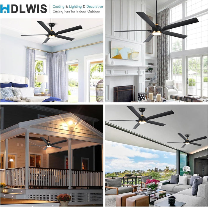 60 in. Matte Black and Gold Outdoor Ceiling Fan, Modern Ceiling Fan with Light and Remote Control, Reversible Dimmable Large Ceiling Fan for Porch Patio-6-ErisView