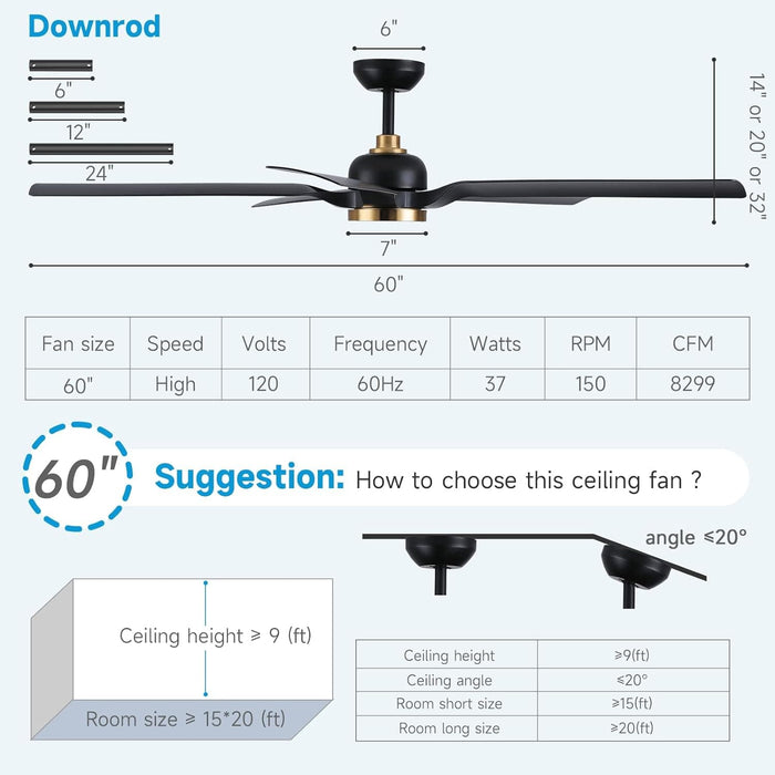 60 in. Matte Black and Gold Outdoor Ceiling Fan, Modern Ceiling Fan with Light and Remote Control, Reversible Dimmable Large Ceiling Fan for Porch Patio-7-ErisView
