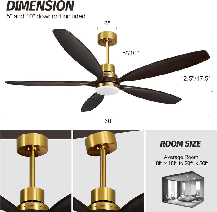 60 in. Modern Ceiling Fan with Light and Remote, 5 Blades Walnut Wood Black Outdoor Ceiling Fan, Brushed Nickel Ceiling Fan for Patio-15-ErisView
