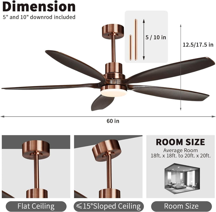 60 in. Modern Ceiling Fan with Light and Remote, 5 Blades Walnut Wood Black Outdoor Ceiling Fan, Brushed Nickel Ceiling Fan for Patio-2-ErisView