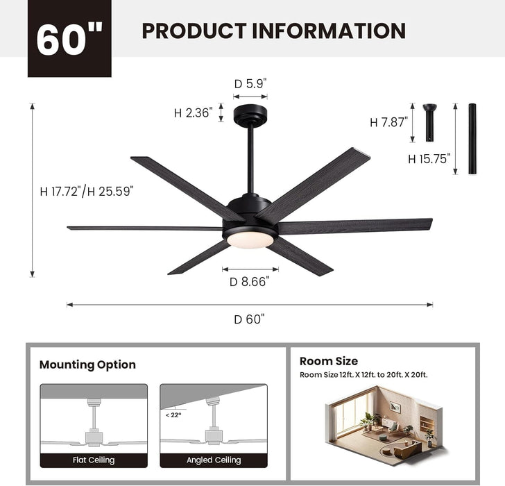 60 in. Modern Ceiling Fan with Lights and Remote APP Control, Black Industrial Ceiling Fans Fandelier for Dining Room Living Room Kitchen-5-ErisView