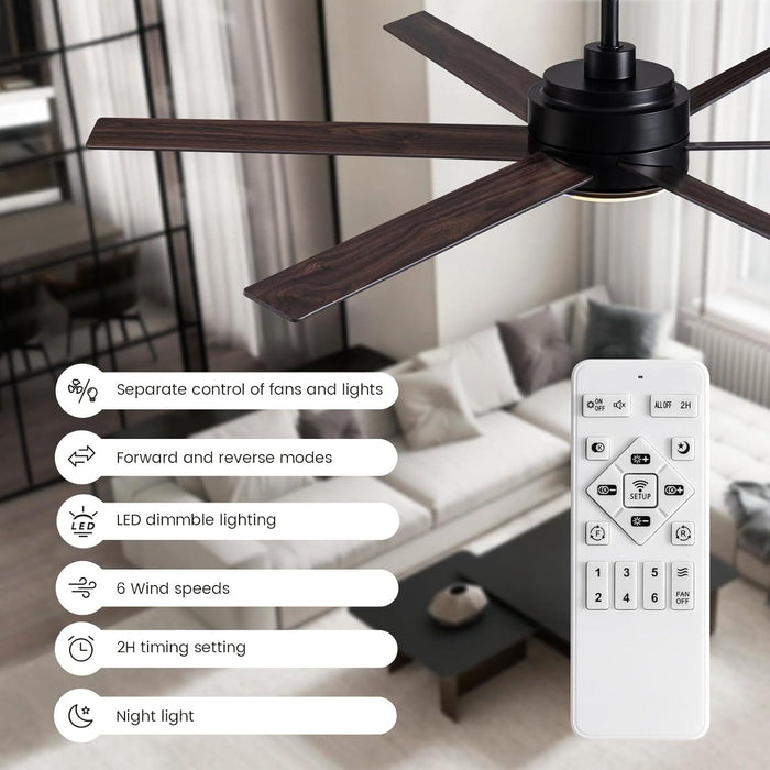 60 in. Modern Ceiling Fan with Lights and Remote APP Control, Black Industrial Ceiling Fans Fandelier for Dining Room Living Room Kitchen-6-ErisView