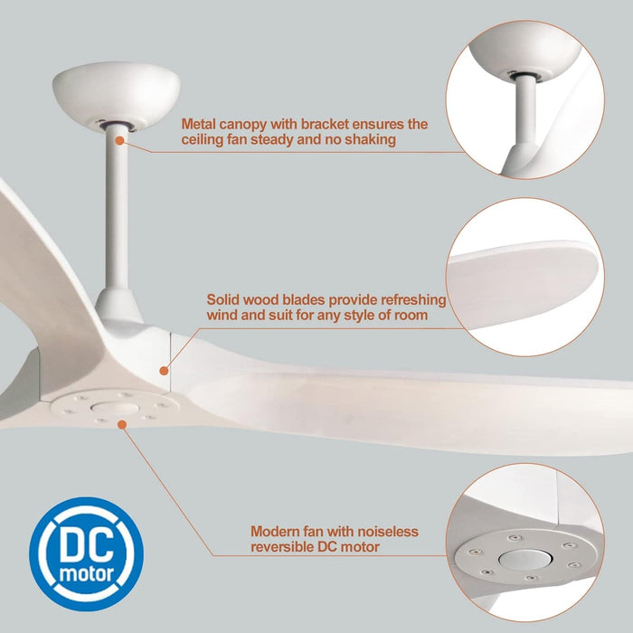 60 in. Modern Reversible Quiet Ceiling Fans and Remote, White Large Ceiling Fan without Lights, Outdoor Fan for Patio-2-ErisView