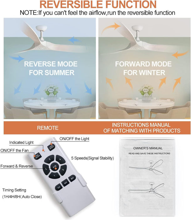 60 in. Modern Reversible Quiet Ceiling Fans and Remote, White Large Ceiling Fan without Lights, Outdoor Fan for Patio-4-ErisView