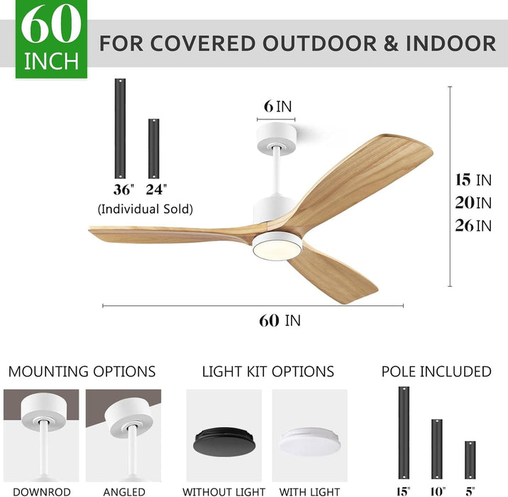 60 in. Outdoor Ceiling Fans, Walnut Wood Reversible Quietest Fan For Sleeping with Remote Control-20-ErisView