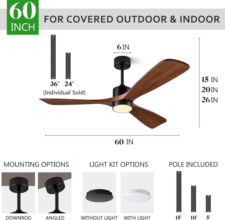 60 in. Outdoor Ceiling Fans, Walnut Wood Reversible Quietest Fan For Sleeping with Remote Control-6-ErisView