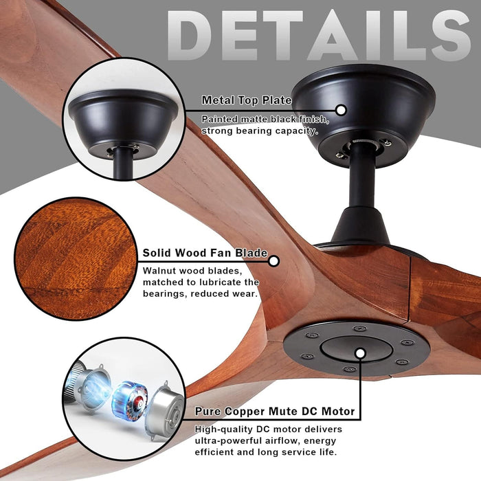 60 in. Reversible Ceiling Fan for Living Room Bedroom, Wood Ceiling Fan NO Light with Remote, Outdoor Fan for Patio -4-ErisView