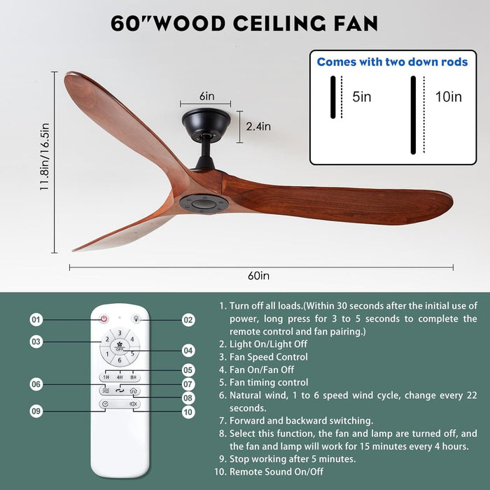 60 in. Reversible Ceiling Fan for Living Room Bedroom, Wood Ceiling Fan NO Light with Remote, Outdoor Fan for Patio -5-ErisView