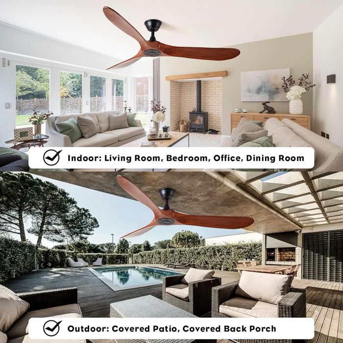 60 in. Reversible Ceiling Fan for Living Room Bedroom, Wood Ceiling Fan NO Light with Remote, Outdoor Fan for Patio -6-ErisView