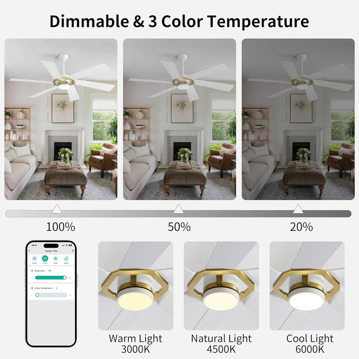 60 in. Smart Outdoor Fans with Lights, Plastic Reversible Ceiling Fan with APP Remote Voice Control, Dimmable LED Brass Ceiling Fan-6-ErisView