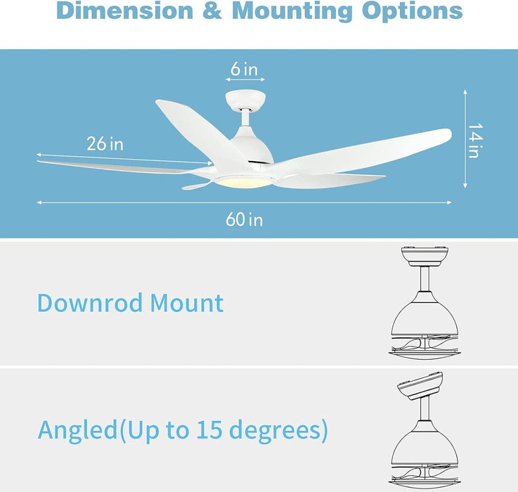 60 in. White Ceiling Fan with Light and Remote, Large Modern Reversible Quietest Fan For Sleeping for Kitchen Bedroom Living Room-4-ErisView