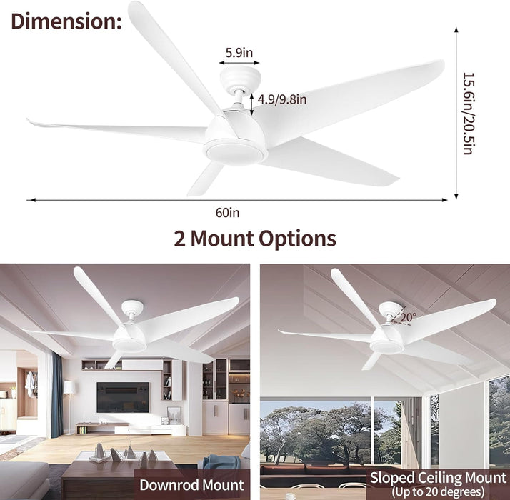 60 in. White Modern Ceiling Fan with Light and Remote, Reversible Quiet Ceiling Fans, Dimmable Modern Ceiling Fan for Bedroom Living Room Office Kitchen-5-ErisView