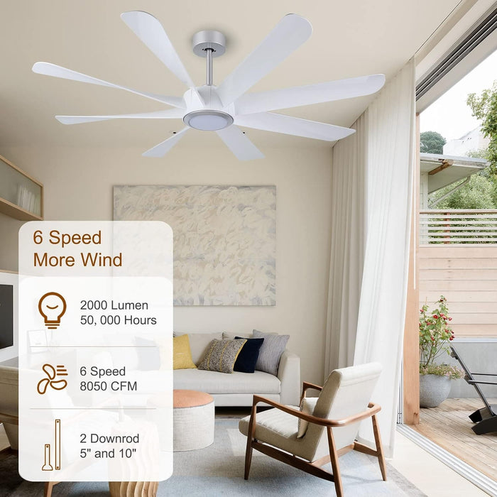 60 in. White Smart Ceiling Fan with Light and Remote Control, Large Modern Reversible Quiet Ceiling Fans for Living Room-2-ErisView