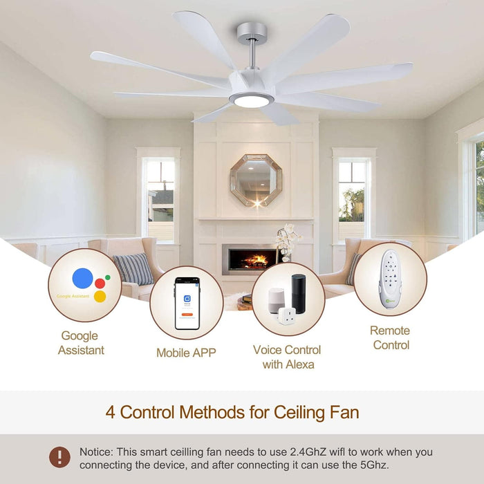 60 in. White Smart Ceiling Fan with Light and Remote Control, Large Modern Reversible Quiet Ceiling Fans for Living Room-4-ErisView