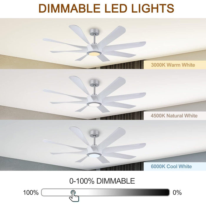 60 in. White Smart Ceiling Fan with Light and Remote Control, Large Modern Reversible Quiet Ceiling Fans for Living Room-5-ErisView
