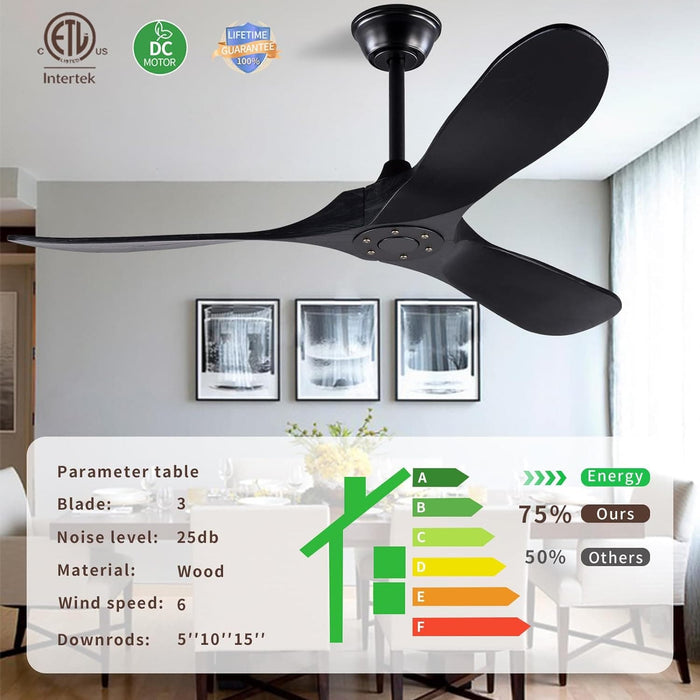 60 in. Wood Black Ceiling Fans without Lights, Modern Smart Reversible Ceiling Fan for Indoor Outdoor Use-17-ErisView