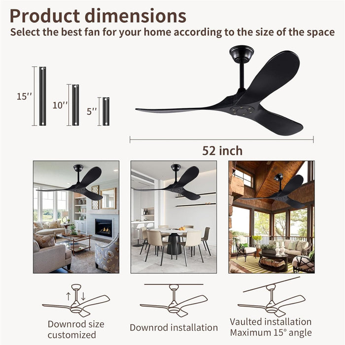 60 in. Wood Black Ceiling Fans without Lights, Modern Smart Reversible Ceiling Fan for Indoor Outdoor Use-18-ErisView