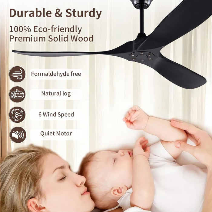 60 in. Wood Black Ceiling Fans without Lights, Modern Smart Reversible Ceiling Fan for Indoor Outdoor Use-2-ErisView