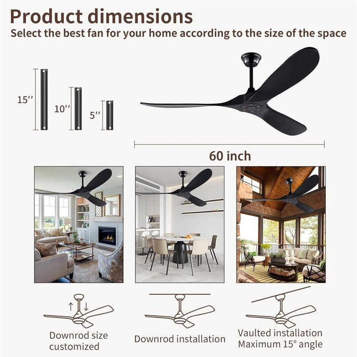60 in. Wood Black Ceiling Fans without Lights, Modern Smart Reversible Ceiling Fan for Indoor Outdoor Use-4-ErisView