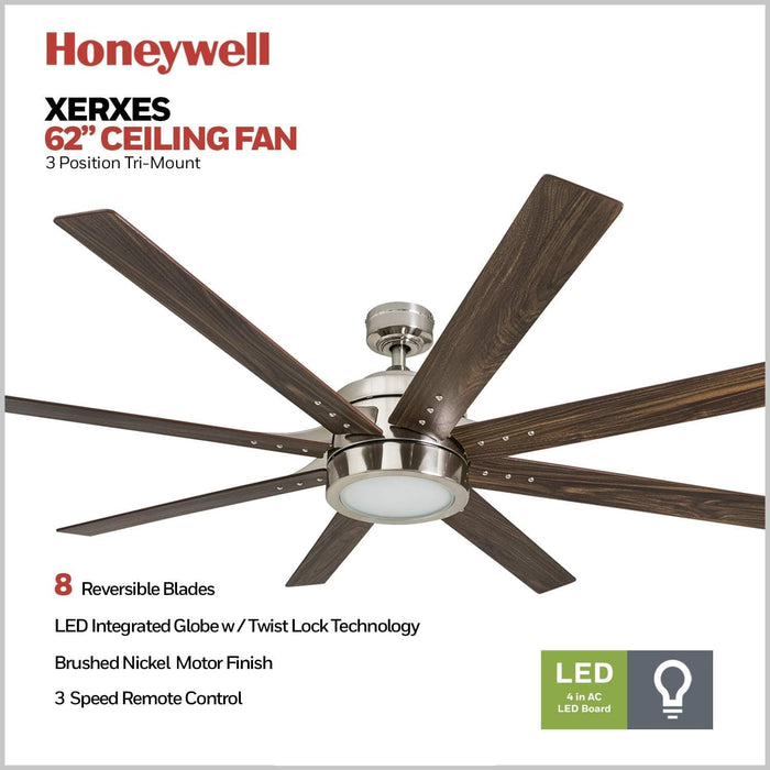 62 in. Contemporary Ceiling Fan with Light, LED Ceiling Fan with Remote Control, Reversible Fan in Winter Summer, Brushed Nickel Ceiling Fan-2-ErisView