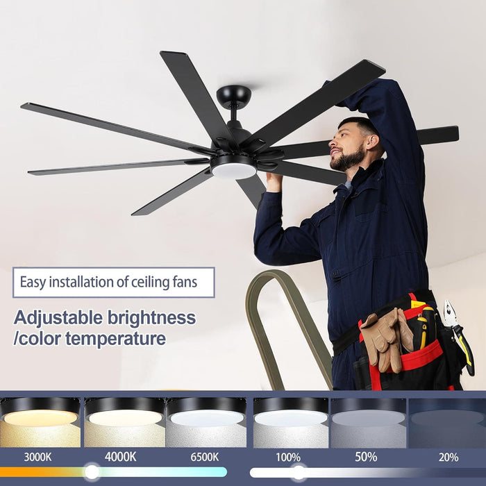 62 in. Large Farmhouse Ceiling Fan with Lights and Remote, Black Quiet Ceiling Fans, Quiet Ceiling Fans with Lights for Indoor Great Room-10-ErisView