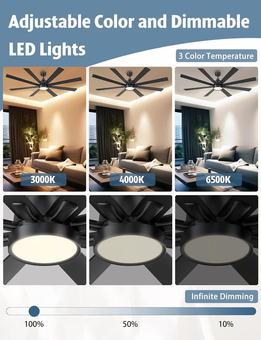 62 in. Large Remote Control Ceiling Fan and Light, Wood Matte Black Reversible Ceiling Fan, Modern Dimmable Ceiling Fans for Living Room Patio-2-ErisView