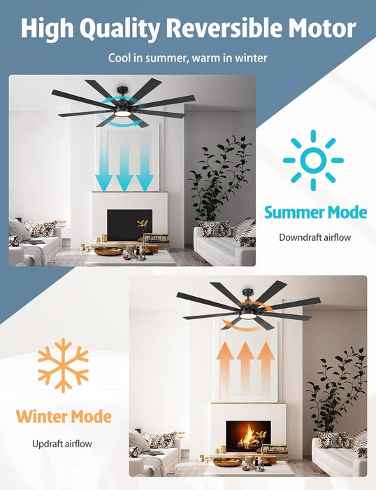 62 in. Large Remote Control Ceiling Fan and Light, Wood Matte Black Reversible Ceiling Fan, Modern Dimmable Ceiling Fans for Living Room Patio-4-ErisView