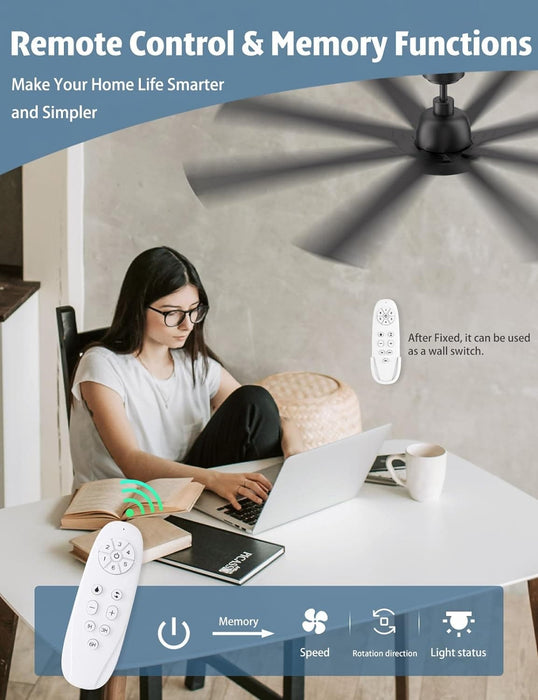 62 in. Large Remote Control Ceiling Fan and Light, Wood Matte Black Reversible Ceiling Fan, Modern Dimmable Ceiling Fans for Living Room Patio-5-ErisView