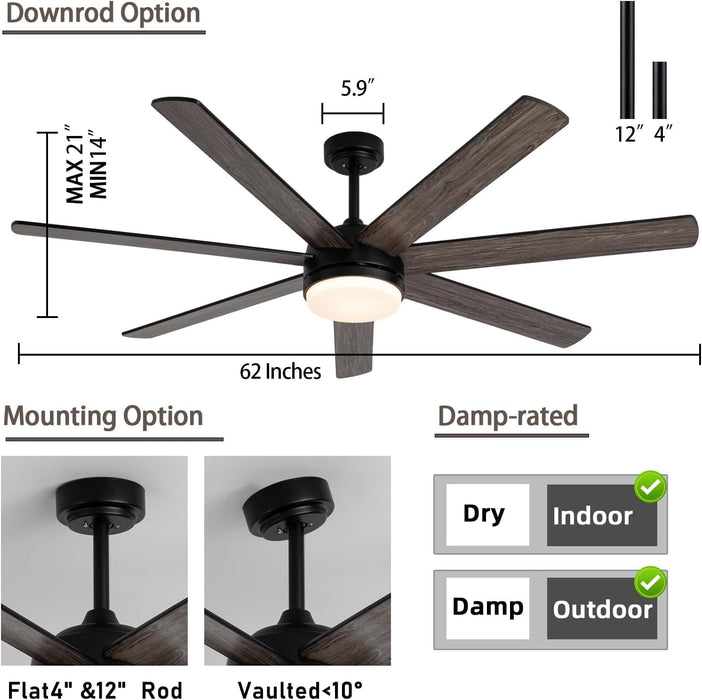 62 in. Outdoor Ceiling Fan with Light, Dimmable Black Ceiling Fan, Reversible Bedroom Ceiling Fans, Living Room Fan with Light, Patio Fans-3-ErisView