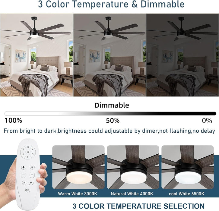 62 in. Outdoor Ceiling Fan with Light, Dimmable Black Ceiling Fan, Reversible Bedroom Ceiling Fans, Living Room Fan with Light, Patio Fans-4-ErisView