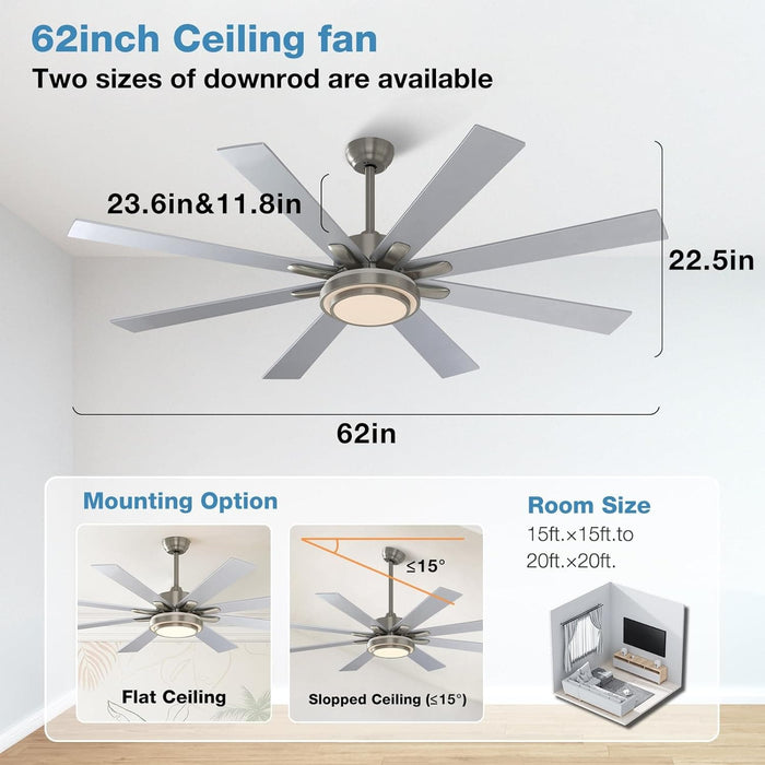 62 in. Remote Control Ceiling Fan with Light, Reversible Nickel Ceiling Fan -7-ErisView