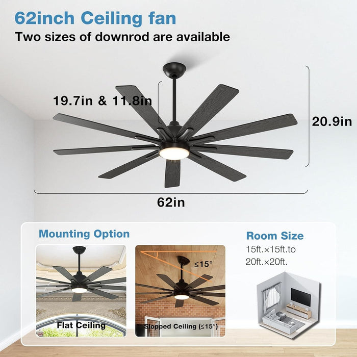 62 in. Silent Reversible DC Ceiling Fan, Remote Control Ceiling Fan with Light, Black 9 Blades Dimmable LED Ceiling Fan Light-7-ErisView