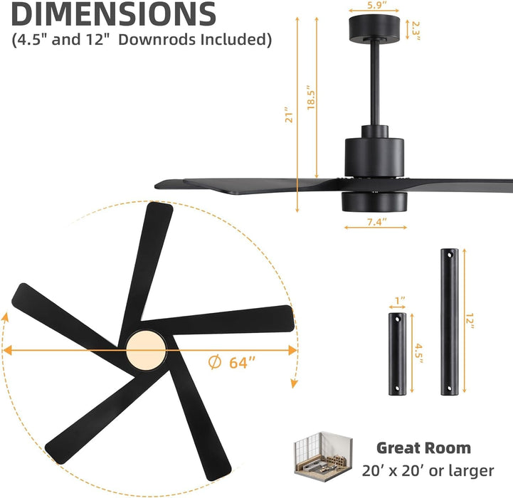 64 in. 5 Blade Remote Control Fan with Light, Nice Ceiling Fans, LED Ceiling Fan for Kitchen Bedroom Living Room, Matte Black Brass Ceiling Fan-11-ErisView