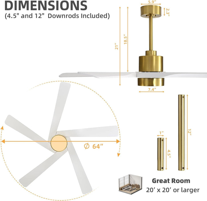 64 in. 5 Blade Remote Control Fan with Light, Nice Ceiling Fans, LED Ceiling Fan for Kitchen Bedroom Living Room, Matte Black Brass Ceiling Fan-28-ErisView